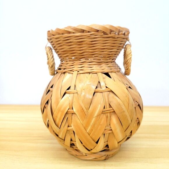 Vintage Rattan Bamboo Wicker Boho Vase - Picture 1 of 12